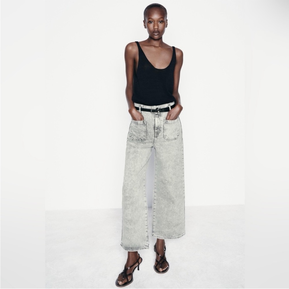 NWT Zara High-Waisted Grey Z1975 Cropped Wide-Leg Belted Jeans